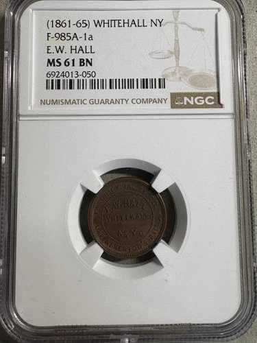 (1861-65) CW ストアカード ホワイトホール、ニューヨーク - E.W. ホール F-985A-1a NGC M61 BN R1