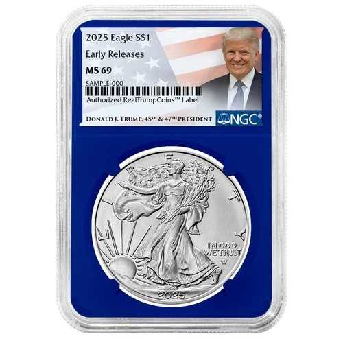 2025年 1ドル 1オンス アメリカンシルバーイーグル NGC MS69 ER トランプラベル ブルーコア