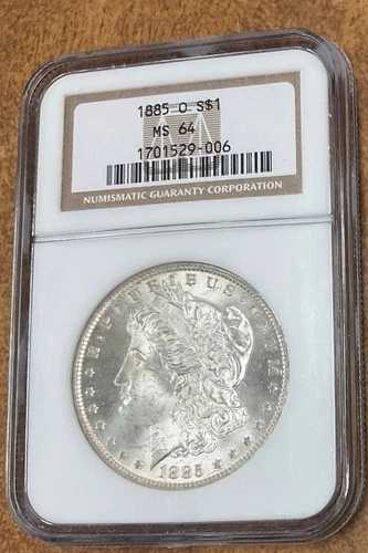 1885 O モーガン シルバー ダラー NGC MS64 古い茶色のラベル ホルダー。