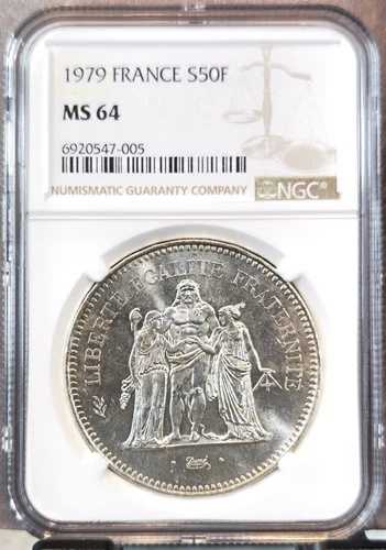 1979年 フランス 銀貨 50フラン ヘラクレス NGC MS 64 希少 美品