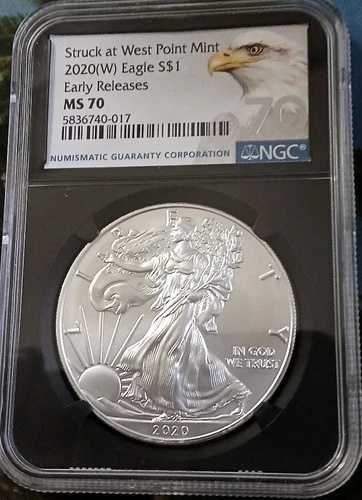 2020年アメリカンイーグル銀貨1オンス999シルバーNGC MS70ウェストポイントで鋳造