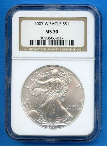 2007 W NGC MS70 ASE 1オンス アメリカン シルバー イーグル $1 米国造幣局コイン 2007-W MS-70