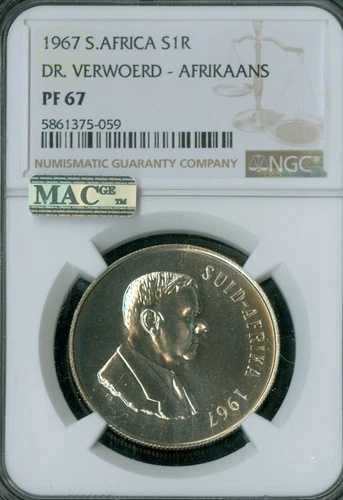 1967年 南アフリカ アフリカーンス シルバー ランド NGC PF67 PQ MAC スポットレス 25,000枚 発行*