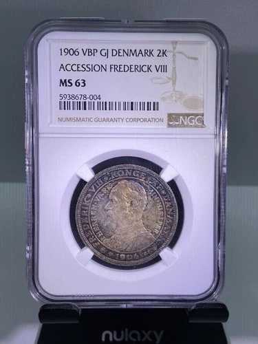 1906 VBP GJ デンマーク シルバー 2クローネ コイン MS63 NGC フレデリック8世 トーニング