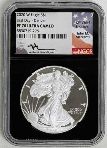 2020 W (デンバー) 1オンス シルバーイーグル 1ドル「ジョン・M・マーカンティのサイン入り」NGC: PF70 #C970