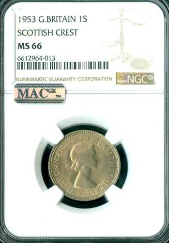 1953年 英国 スコットランド紋章 シリング NGC MS66 PQ MAC スポットレス 2ND FINEST *