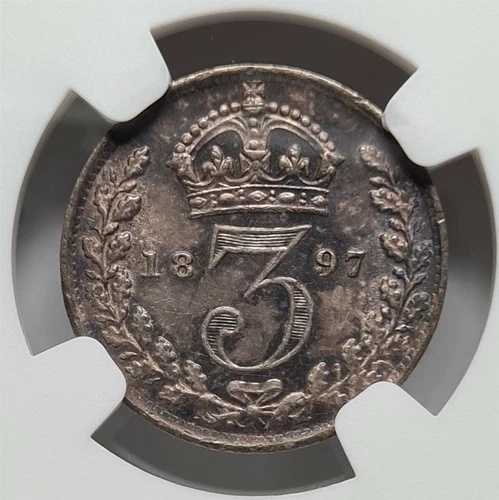 イギリス 3ペンス スリーペンス 1897 NGC MS 63 UNC ビクトリア カラフルトーニング！ 3P