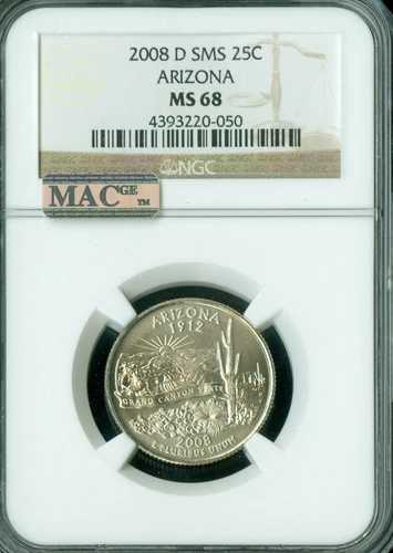 2008 D アリゾナ クォーター NGC MS68 SMS MAC 最高級スポットレス。