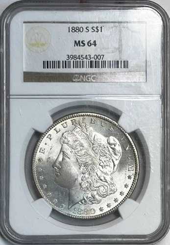 1880-S モルガン・ダラー NGC MS64 裏面一部虹色