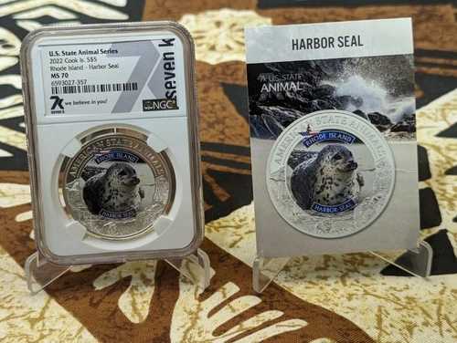 2022年 クック・イズ 5ドル アメリカ州動物 ロードアイランド州アザラシ 1オンス シルバー NGC MS70