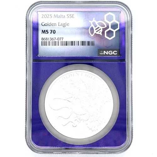 2025年 マルタ 5ユーロ .9999 1オンス シルバー ゴールデンイーグルコイン NGC MS70 トレーダー ビー パープル