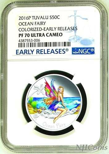 2016年 ツバル オーシャンフェアリー シルバー プルーフ NGC PF 70 1/2オンス ハーフドルコイン ER カラー
