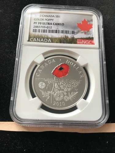 2010年カナダ; カラーポピー ( 0.749 Tr oz) .925 $1 *NGC*PF-70 UC エナメル #20