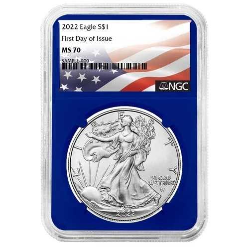2022年 1ドル アメリカン シルバー イーグル NGC MS70 FDI フラッグ ラベル ブルー コア