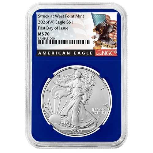 プレセール - 2026年 (W) $1 アメリカン シルバー イーグル NGC MS70 FDI ブラック ラベル ブルー コア