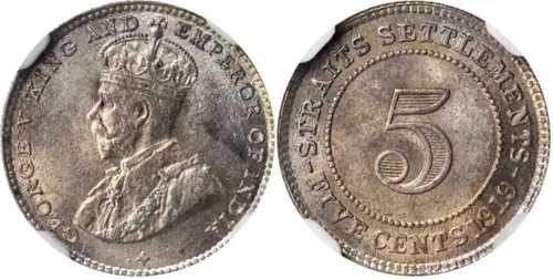 1919年 銀貨 5セント 海峡植民地 マラヤ ジョージ5世 イングランド MS 63