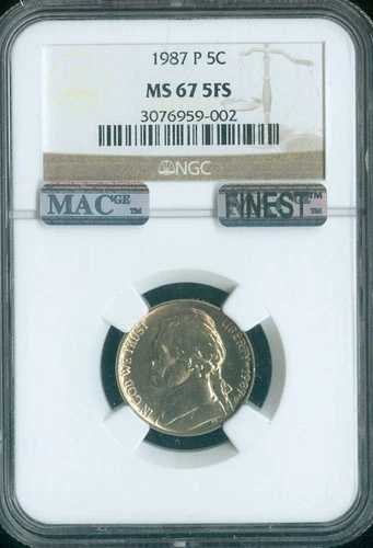 1987年 P ジェファーソン ニッケル 5C NGC MS67 FS MAC品質