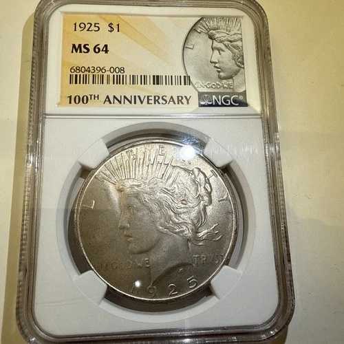 1925年 ピースシルバードル NGC MS64 100周年記念ラベル ゴールドトーン