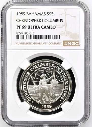 1989年 バハマ 5ドル クリストファー・コロンブス シルバー 0.925 コイン Km# 132 NGC PF69UC