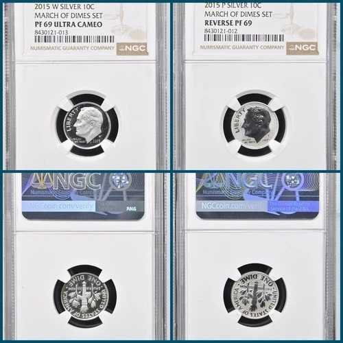 2015-W 10セント銀貨とP 10セント銀貨 ルーズベルト マーチ・オブ・ダイムズ NGC PF69UC と PF69