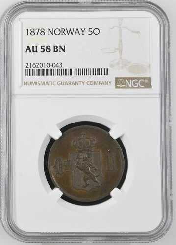 1878年ノルウェー5O NGC AU 58 BN認定コイン