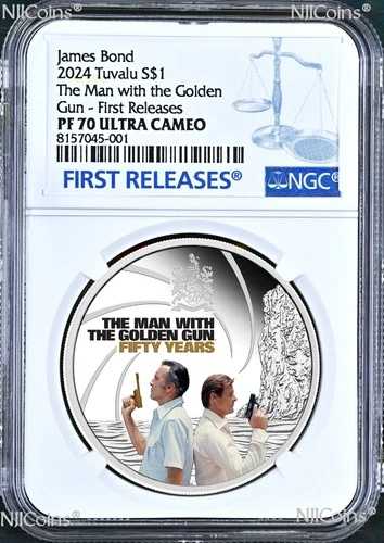 2024年 ジェームズ・ボンド 007 黄金銃を持つ男 シルバープルーフ 1ドル 1オンス コイン NGC PF70