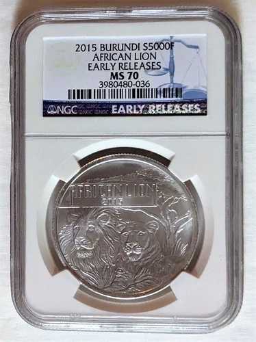 2015年ブルンジ産アフリカンライオン早期リリース NGC MS70 ブルーラベル ER
