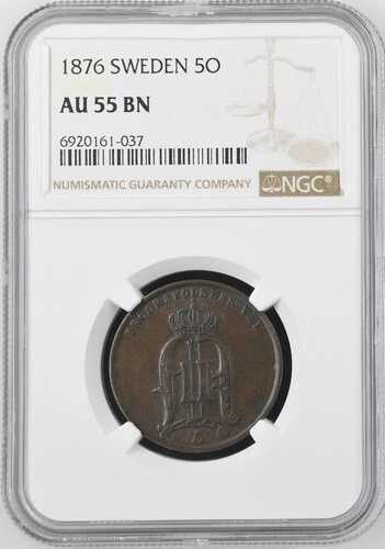 1876年 スウェーデン 5 ORE NGC AU 55 BN 認定コイン