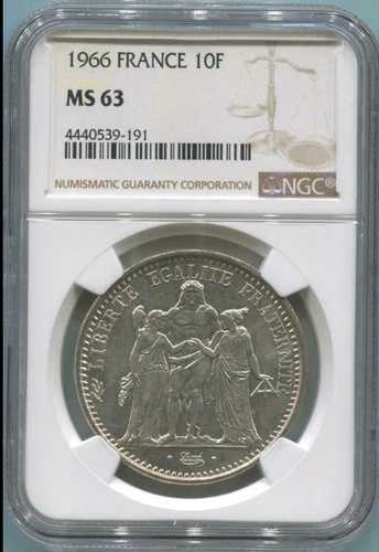 :1966(A) 10-FRANCS FRANCE KM#932 NGC MS-63 HERCULES GROUP LOW-POP R6 HIGH-GRADES