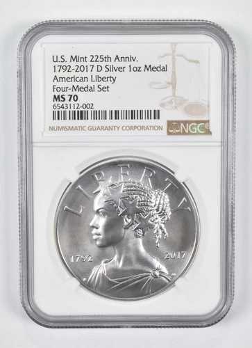 1792-2017-D MS70 1オンス シルバーメダル 米国造幣局 225周年記念 NGC ブラウン Lbl