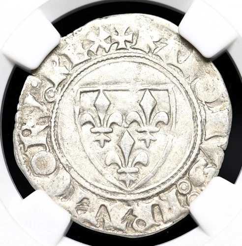 中世フランス。シャルル6世（1380-1422年）。銀貨「ブラン・ゲナール」、NGC AU50