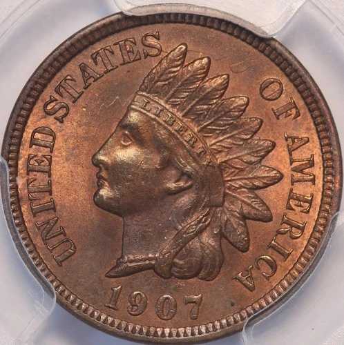 1907 年インディアン セント、NGC MS64RB、非常に優れた未使用品、鮮明な打痕、光沢あり!