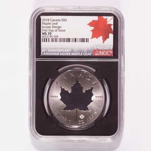 2018年カナダ5ドル銀貨メープルリーフ30周年記念NGC MS70インキューズデザインFDOI 56,760円