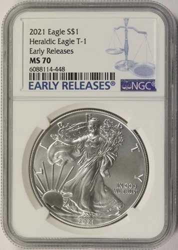 2021年 シルバー アメリカンイーグル $1 NGC MS70 ヘラルディックイーグル T-1 アーリーリリース
