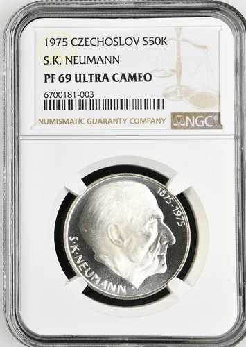 1975年 チェコスロバキア 50コルナ S.K ノイマン 銀貨 Km#83 NGC PF 69 ウルトラカメオ
