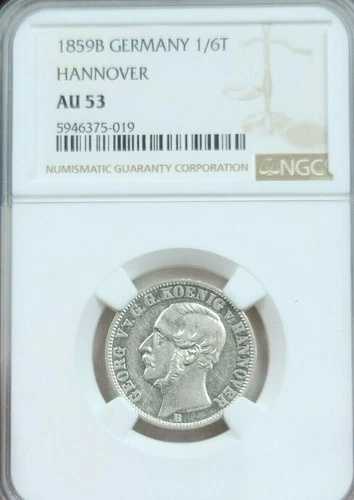 1859年 ドイツ 銀貨 1/6 ターラー ハノーバー ゲオルク5世 NGC AU 53 ブライトミラーラスター
