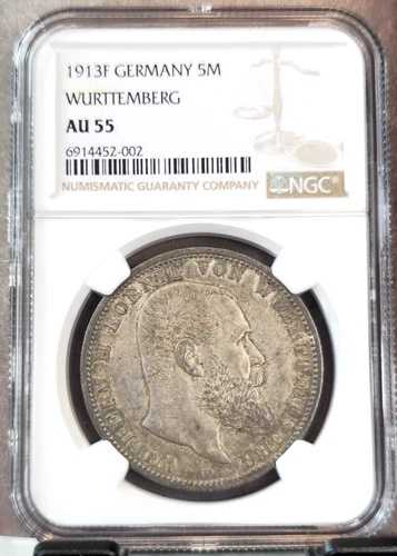 1913年 ドイツ 銀貨 5マルク ヴュルテンベルク NGC AU 53 美しいコイン 素晴らしいひげ