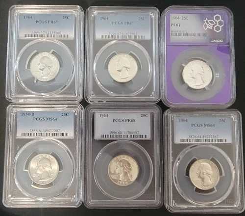 6枚セット 90% 銀 ワシントン クォーター 1954-D & 1964 PCGS/NGC PR/MS ロット PR67、Ms64