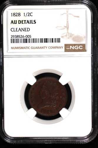 ハーフセント・クラシック・ヘッド。1828年製。13個のスター。NGC AU 詳細：クリーニング済み。JRRC-1828