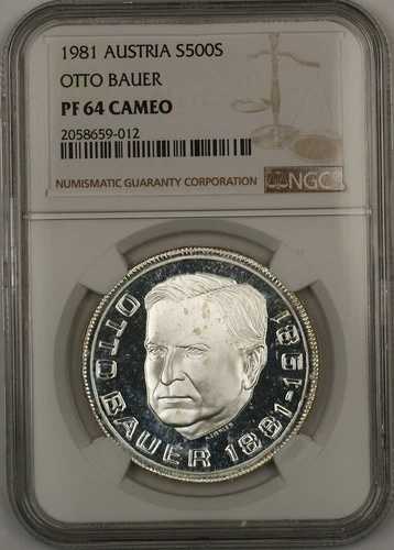 1981年 オーストリア 500シリング オットー・バウアー プルーフ銀貨 NGC PF-64 カメオ