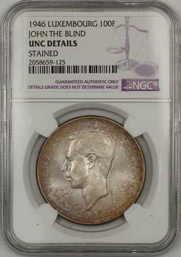 1946年 ルクセンブルク 盲目のジョン 100F シルバー NGC UNC 詳細ステインあり（良質コイン）