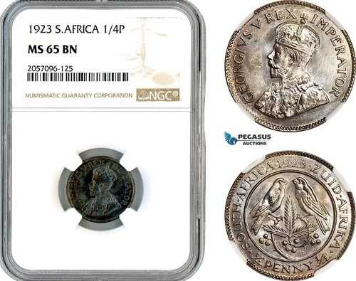 A12-830、南アフリカ、ジョージ5世、1/4ペニー、1923年、プレトリア造幣局、NGC MS65BN