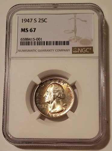 1947年 S ワシントン クォーター MS67 NGC 表面良好な色調