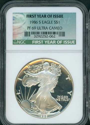 1986-S アメリカン シルバー イーグル ASE S$1 NGC PF69 PR69 スペシャル 初年度発行 タグ付き