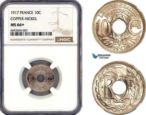 A12-245、フランス、第三共和政、10サンチーム、1917年、パリ造幣局、NGC MS66+ トップポップ