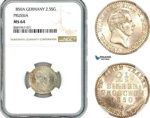 AL309、ドイツ プロイセン、フリードリヒ・ヴィルヘルム4世、2 1/2 シルバーグロッシェン、1850年 NGC MS64