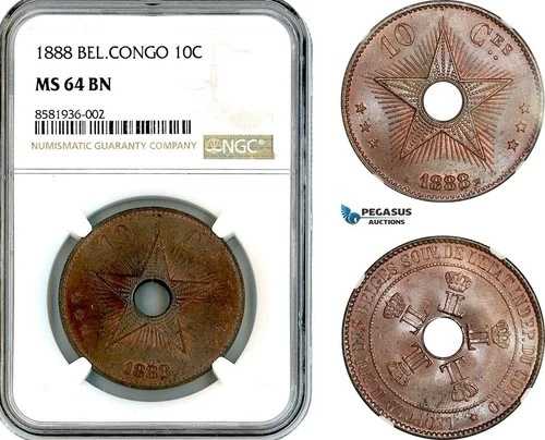 AL117、ベルギー領コンゴ、レオポルド2世、10サンチーム、1888年、NGC MS64BN