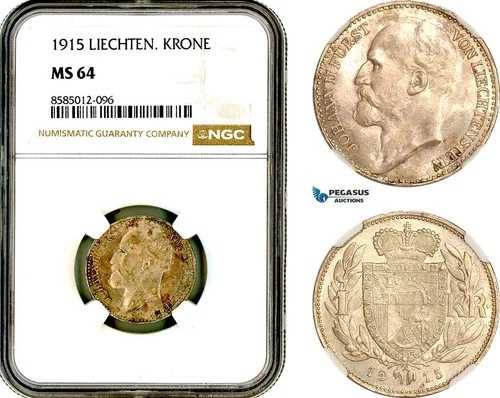 AL401、リヒテンシュタイン、ヨハン、1クローネ 1915年、ウィーン、銀、NGC MS64