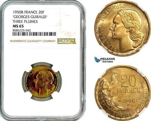 AL321、フランス第四共和政 20フラン 1950年 B、ボーモン・ル・ロジェ造幣局、NGC MS65