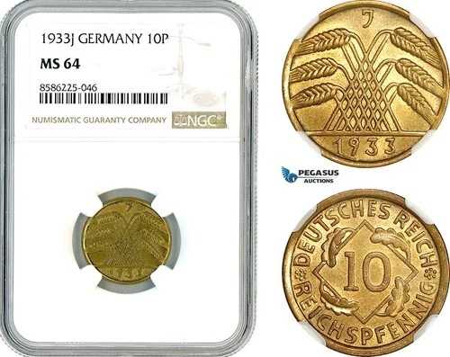 AL327、ドイツ、10 Reichspfennig 1933 J、ハンブルク造幣局、NGC MS64
